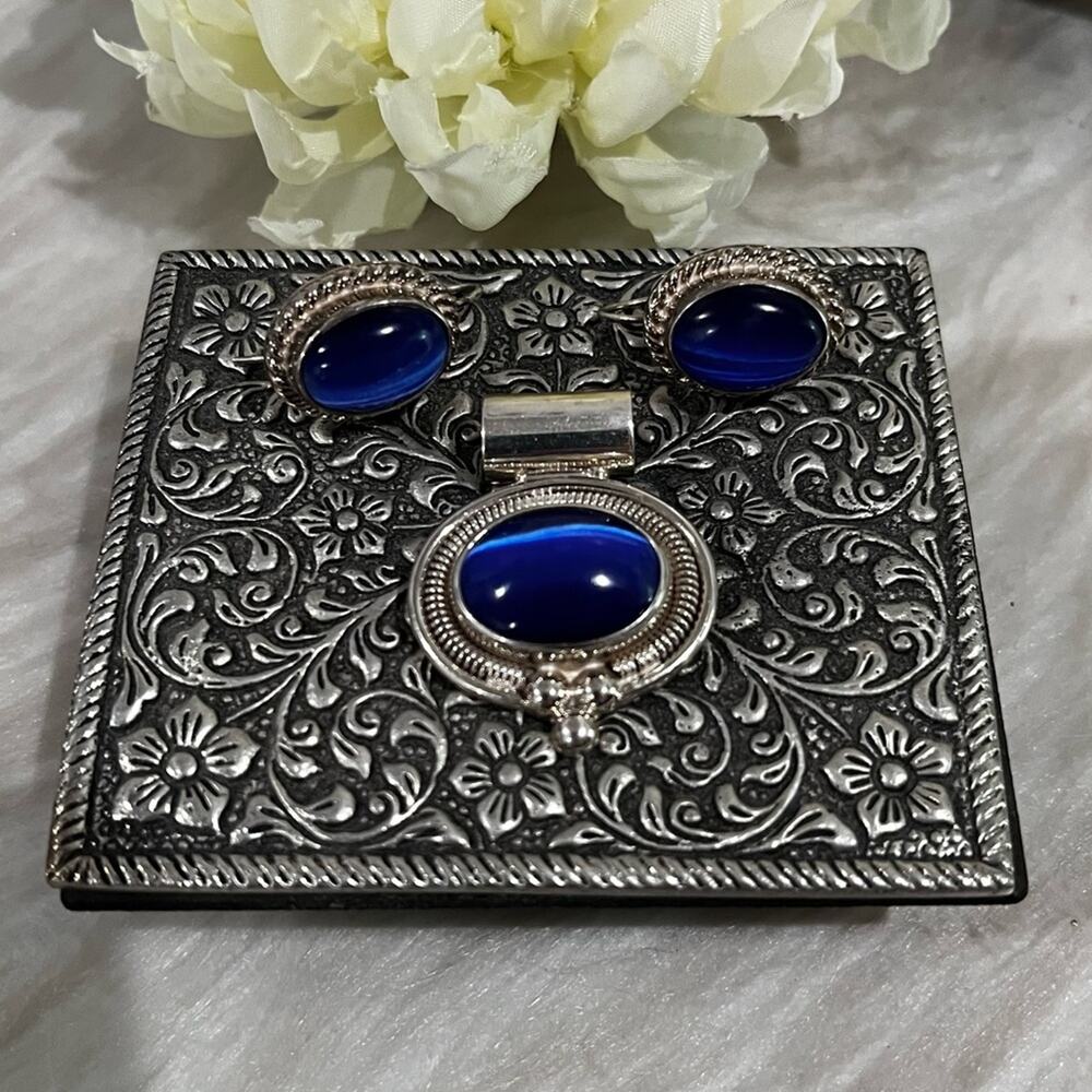 Vintage Mexican Taxco 925 Sterling Silver Cabochon Cut Cats Eye Pendant Earrings - Picture 9 of 15